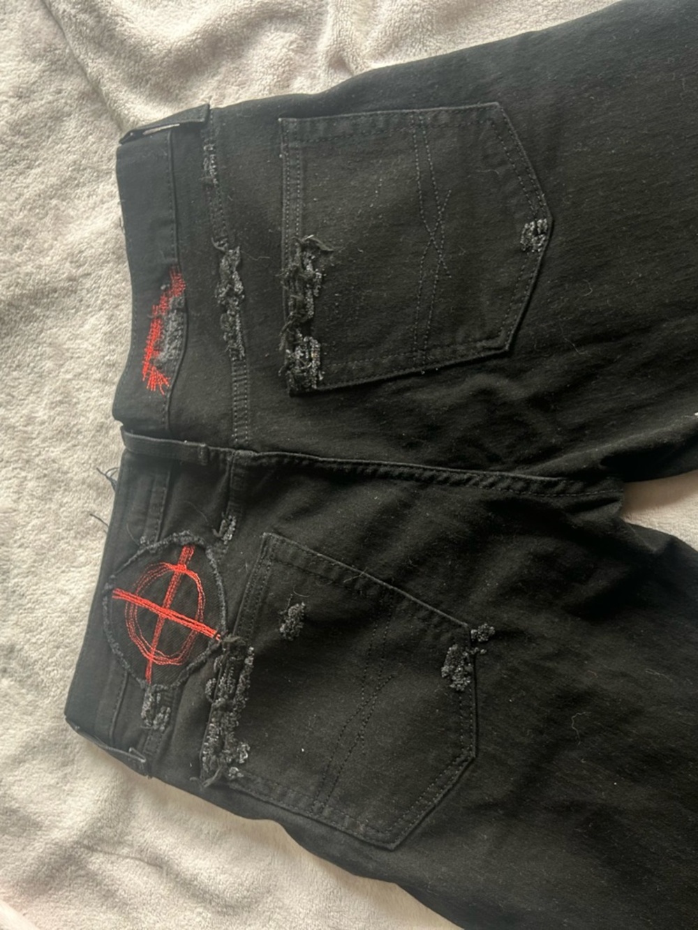 Black Distressed Jeans with Red Embroidered Detail